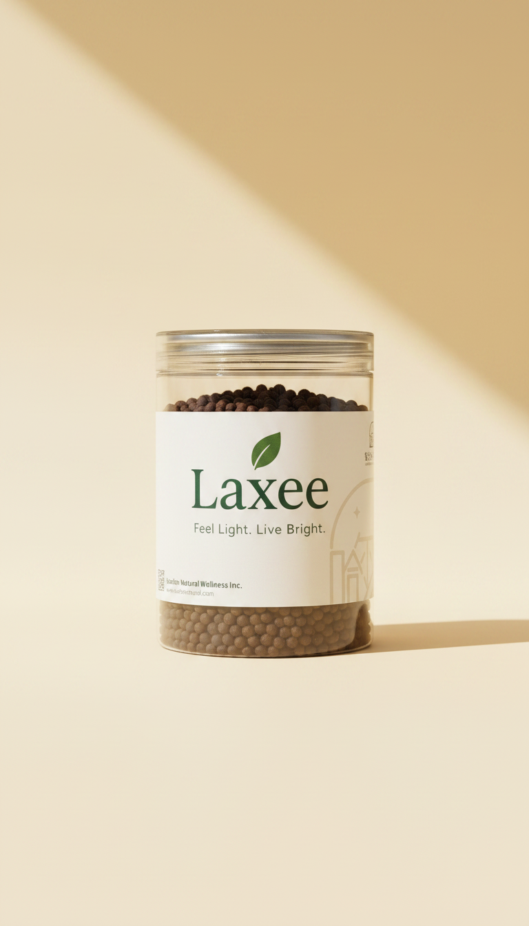 Laxee constipation relief pills, 300g clear jar with green leaf logo